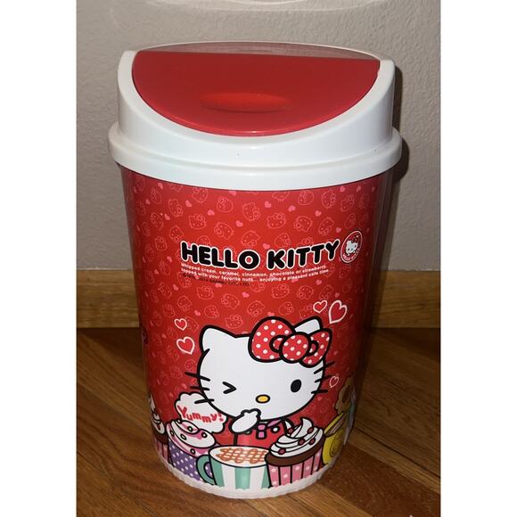 Rare 2014 Sanrio Hello Kitty Red Cafe Time Trash Recycle Bin With Lid NEW! 13” - Picture 1 of 10